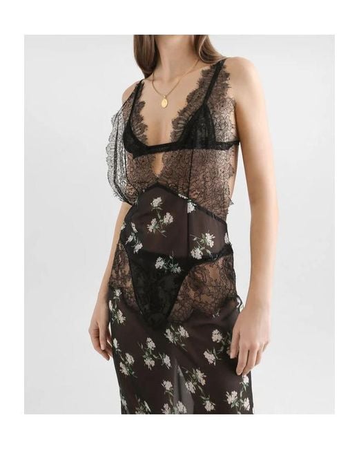 Dolce & Gabbana Black Violets-Print Dress With Lace Insert