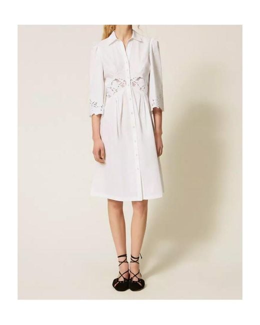 Twinset White Lace-Detail Midi Shirt Dress