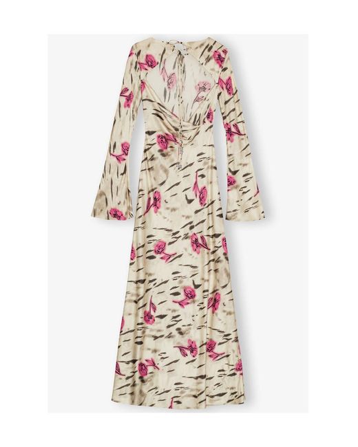 Ganni White Floral Satin Maxi Dress