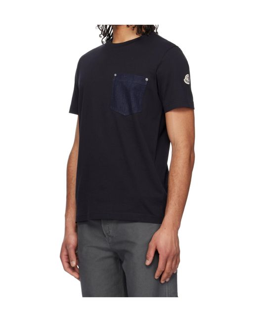 Moncler Black Cotton Denim T-Shirt With Pocket for men