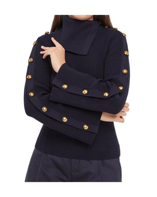 Elisabetta Franchi Blue Button-Embellished Ribbed-Knit Sweater