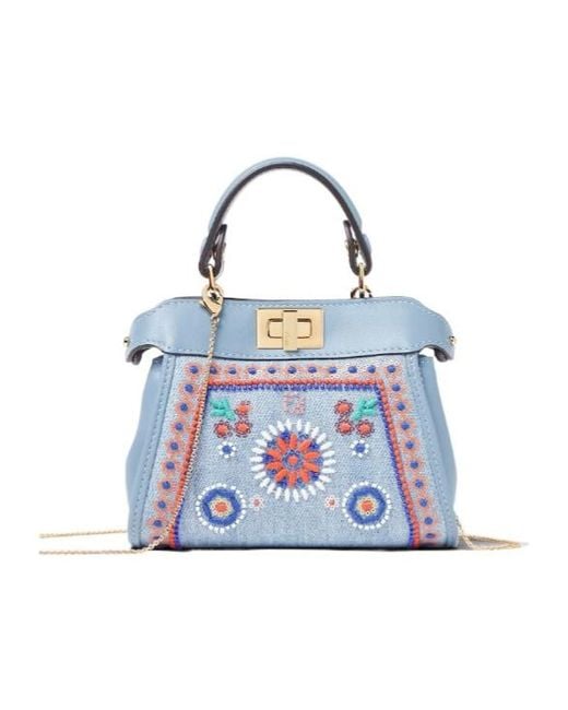 Fendi Blue Nano Peekaboo Embroidered Tote Bag