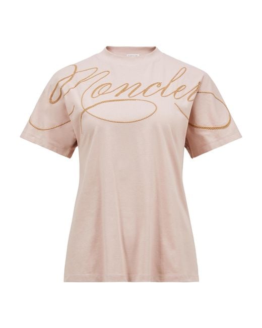Moncler Pink Embroidered Cursive Logo Crewneck T-Shirt