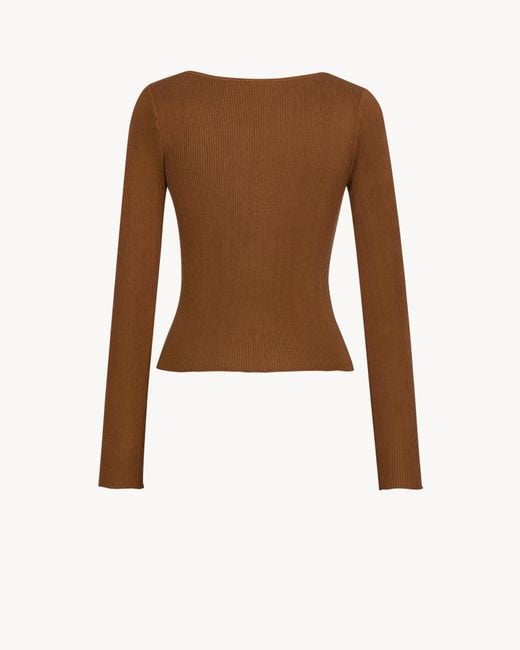 Saint Laurent Brown Ribbed Silk Plain Knit Lace Square Neck Top
