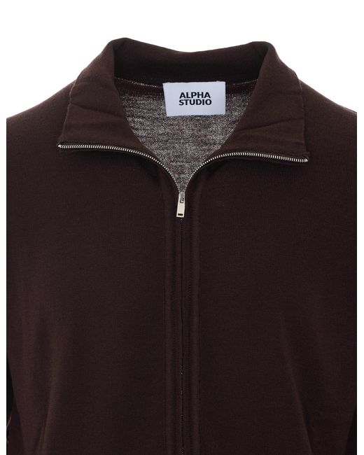 Alpha Studio Brown Zip-Up Knitted Jacket for men