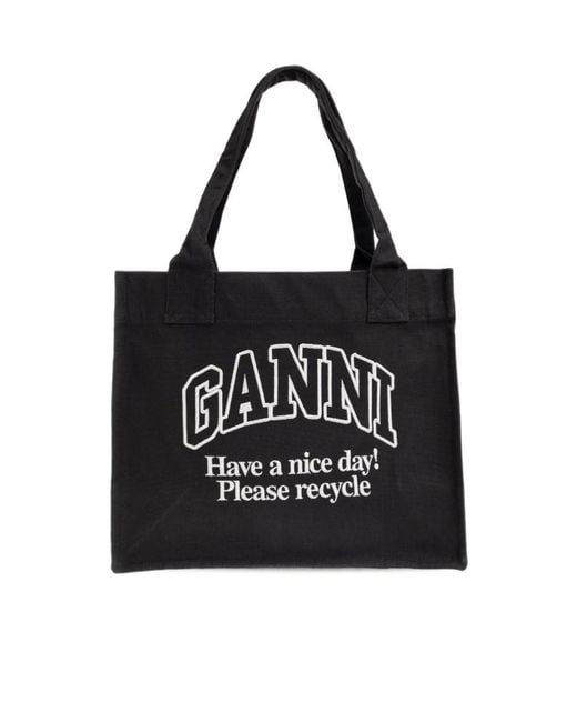 Ganni Black Easy Logo Embroidered Tote Bag