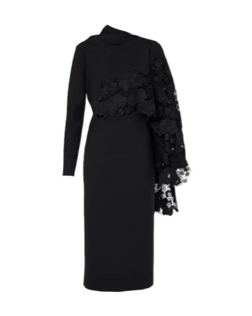 Oscar de la Renta Black Floral Guipure Wool Midi Dress