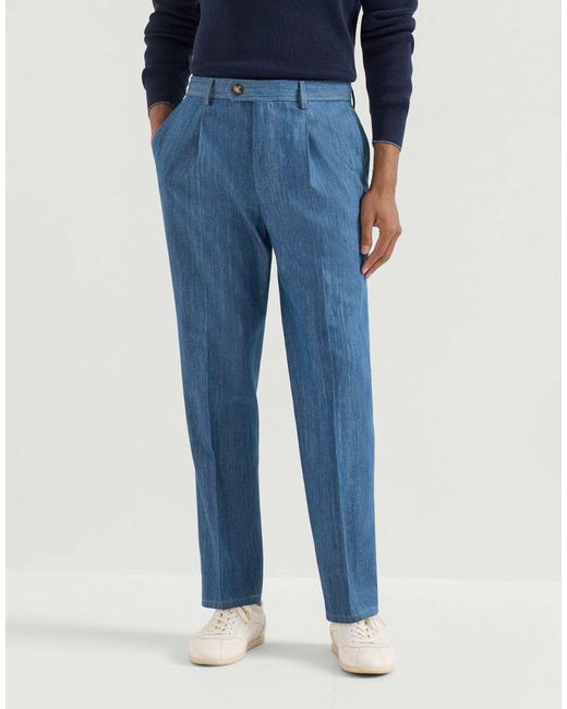 Brunello Cucinelli Blue Pleated-Design Trousers for men