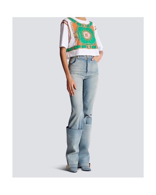 Balmain White Foulard Printed Cropped T-Shirt