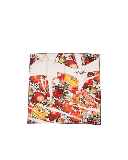 McQueen Red Floral Skull Scarf