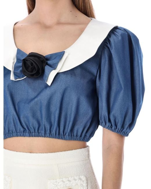 Alessandra Rich Blue Bubble Sleeve Blouse