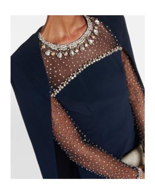 Jenny Packham Blue Embellished Cape Crepe Gown