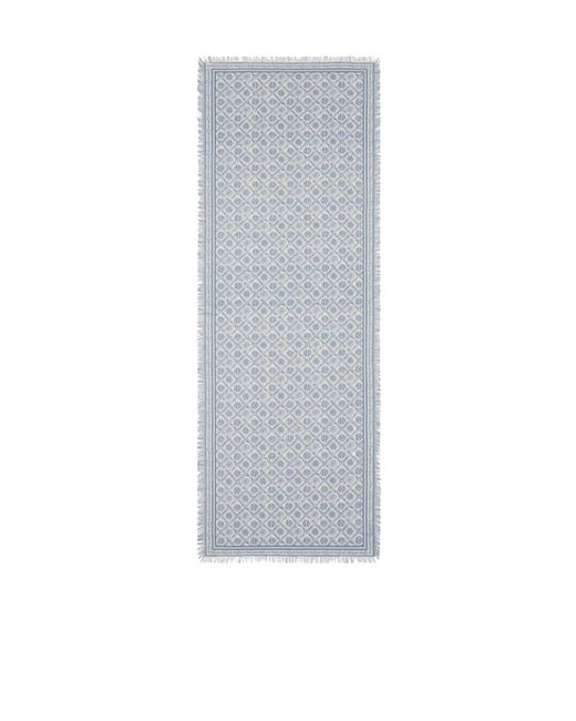 Tory Burch Blue Fringed Monogram Scarf