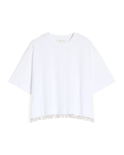 Sportmax White Palmas Beaded Hem Cropped T-Shirt