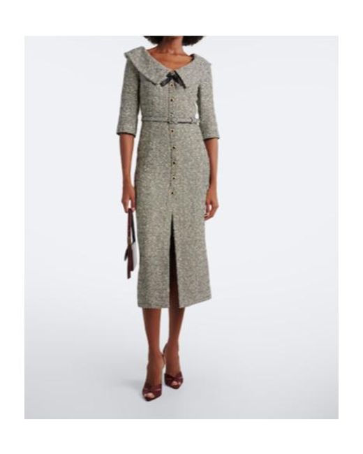 Alessandra Rich Gray Belted Cotton And Wool-Blend Tweed Midi Dress