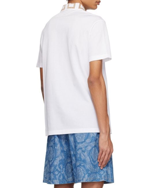 Versace White Greca Short-Sleeved Straight Hem Polo Shirt for men