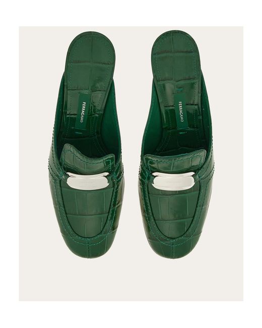 Ferragamo Green Embossed Round-Toe Mules