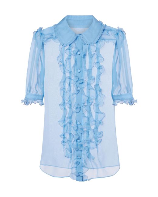 Dolce & Gabbana Blue Ruffled Semi-Sheer Silk Blouse
