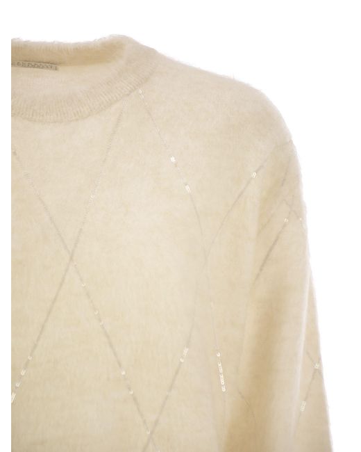 Brunello Cucinelli Natural Mohair, Wool, Cashmere And Silk Sweater With Dazzling Argyle Embroidery