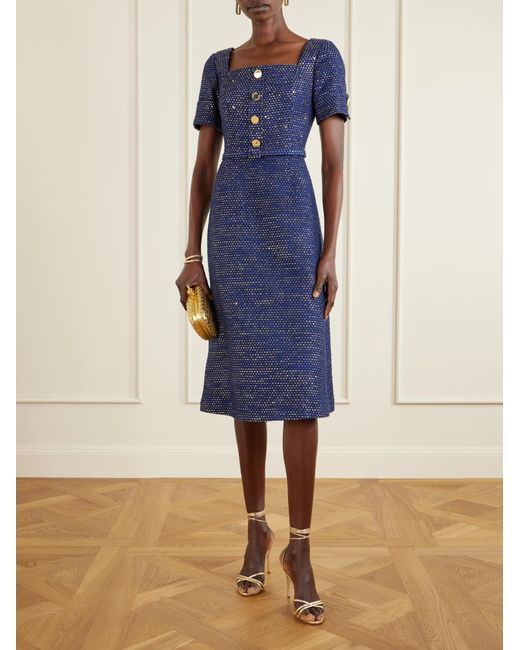 Carolina Herrera Blue Tie-Waist Tweed Dress