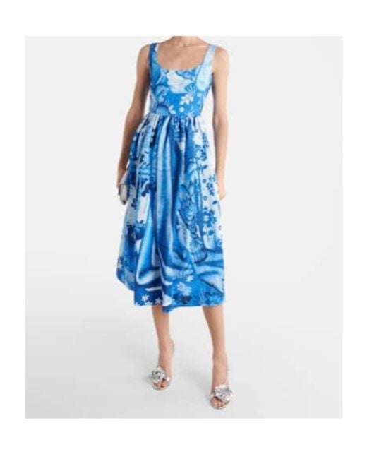 Erdem Blue Printed Cotton-Blend Faille Midi Dress