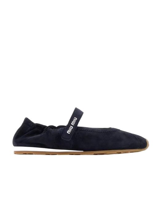 Miu Miu Blue Round-Toe Strap Ballet Flats