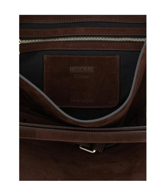Moschino Brown Logo Embossed Buckle Strap Shoulder Bag