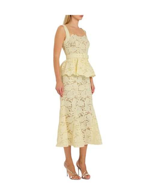 Self-Portrait Yellow Belted Floral Guipure-Lace Midi Dress