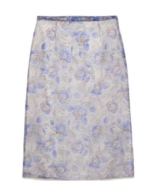 Prada Blue Nylonette Floral Print Midi Skirt