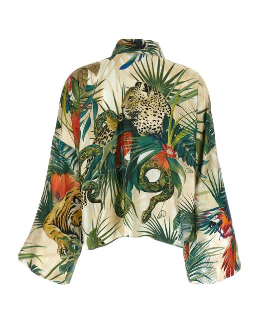 Roberto Cavalli Green Jungle Printed Wide Sleeved Satin Shirt