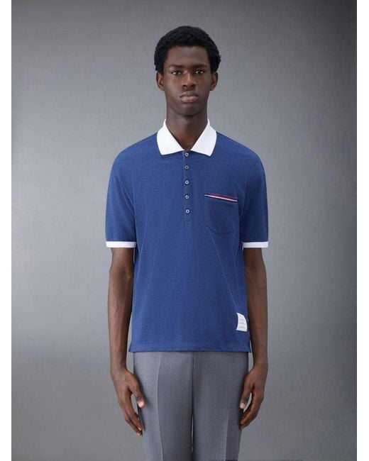 Thom Browne Blue Logo Patch Stripe-Detailed Polo Shirt for men