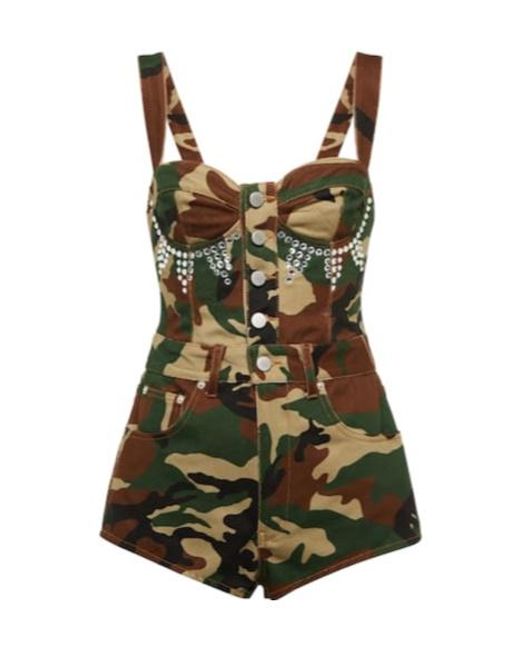 Alessandra Rich Green Camouflage Denim Jumpsuit