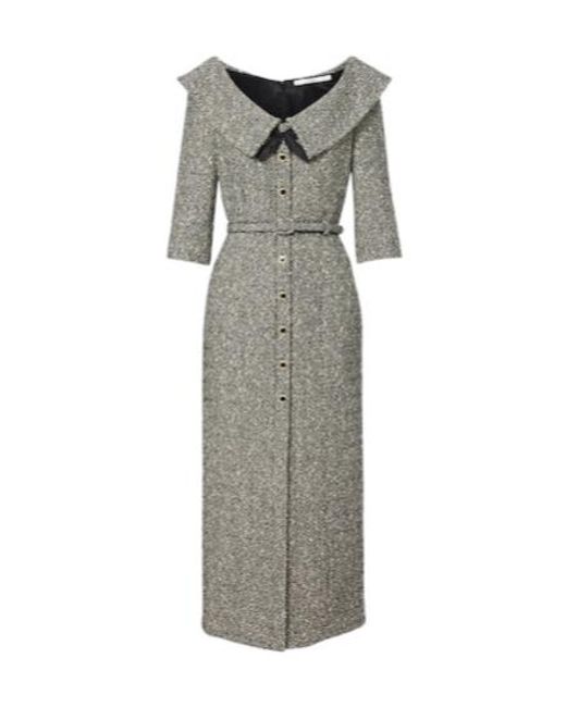 Alessandra Rich Gray Belted Cotton And Wool-Blend Tweed Midi Dress