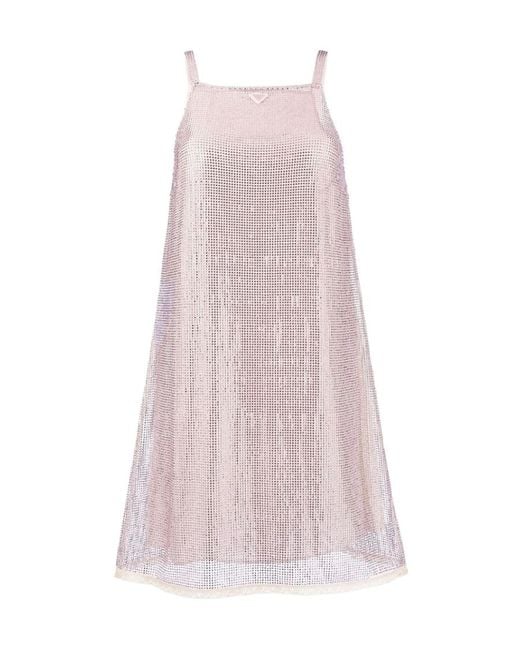 Prada Pink Triangle Logo Embellished Mesh Dress