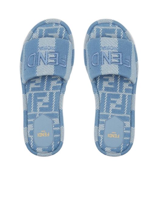 Fendi Blue Sunshine Denim-Effect Jacquard Platform Slides