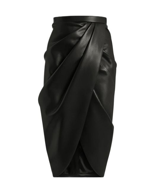 Balmain Black Draped Lambskin Midi Skirt
