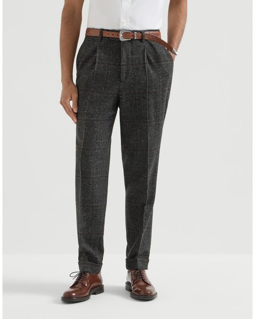 Brunello Cucinelli Gray Silk, Wool And Cashmere Prince Of Wales Flannel Trousers With Pleat for men