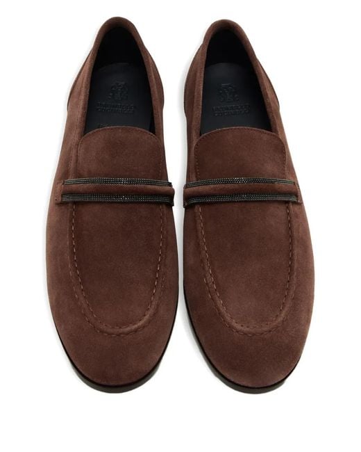 Brunello Cucinelli Brown Beaded-Embellished Suede Loafers