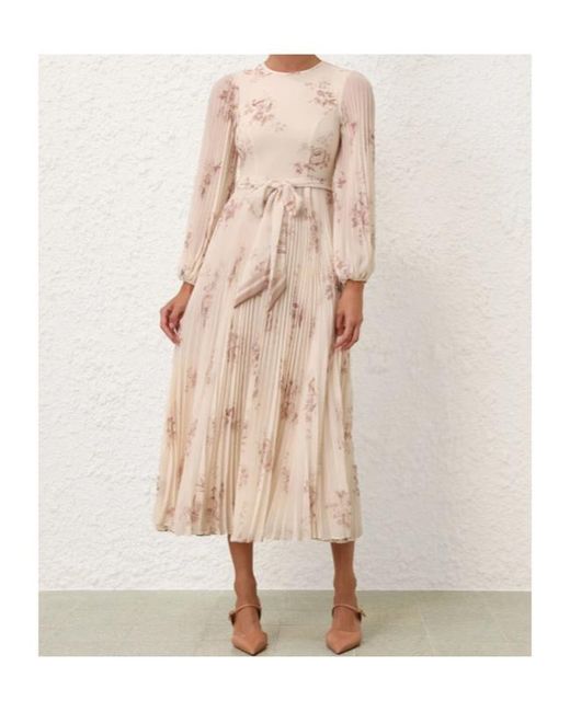 Zimmermann Natural Sunray Pleated Floral Midi Dress