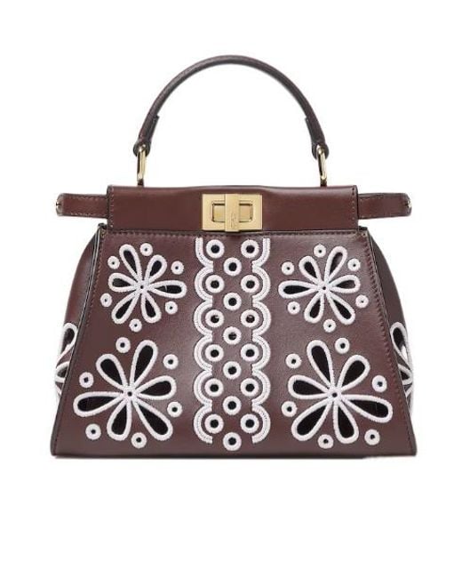 Fendi Brown Mini Peekaboo Flower Design Tote Bag