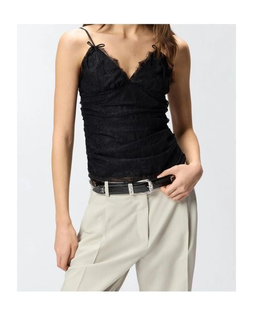Pinko Black V-Neck Lace Ruched Top