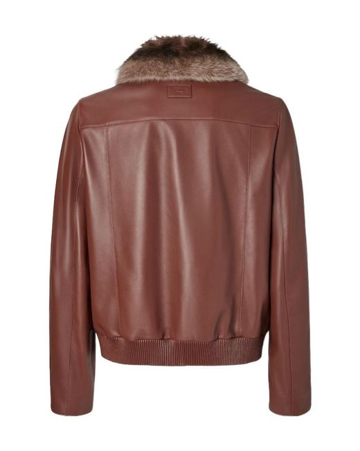 Fendi Brown Faux-Fur Collar Leather Bomber Jacket for men