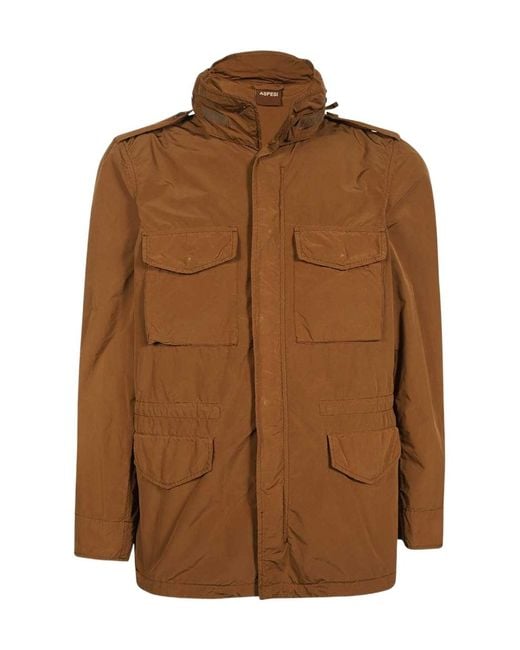 Aspesi Brown Multi-Pocket Hooded Coat for men