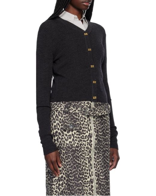 Ganni Black V-Neck Logo Embroidered Cardigan