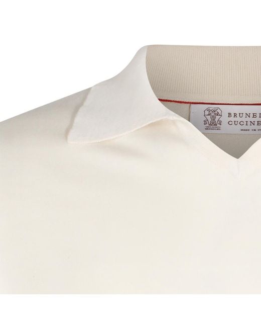Brunello Cucinelli White Short Sleeved Ribbed Polo Shirt for men