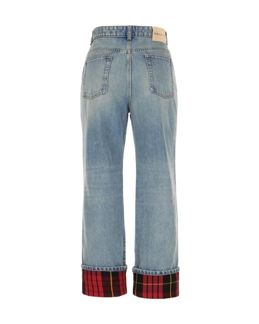 McQueen Blue Checked-Cuff Straight-Leg Jeans