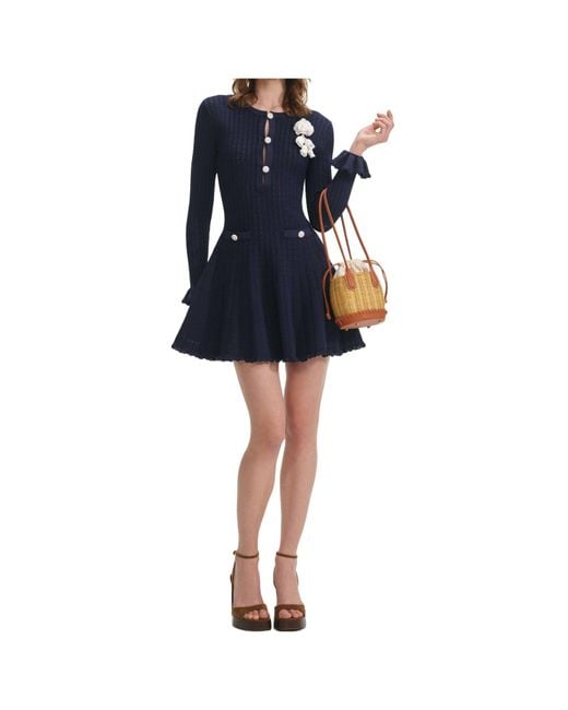 Self-Portrait Blue Knit Crochet Flower Mini Dress