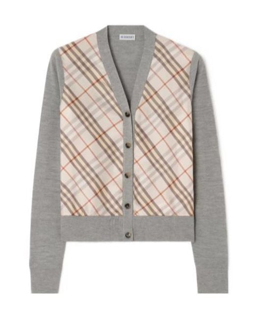 Burberry Gray Check Panel Wool Silk Cardigan