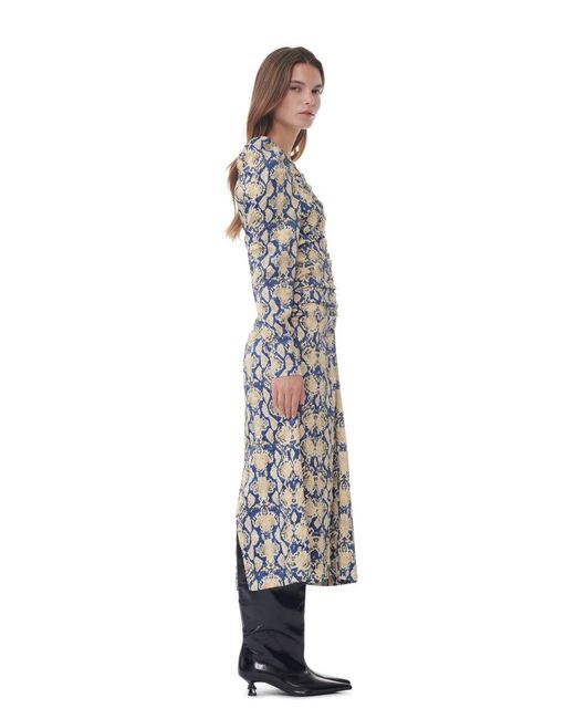 Ganni Multicolor Snake Printed Crinkled Satin O-Neck Midi Dress