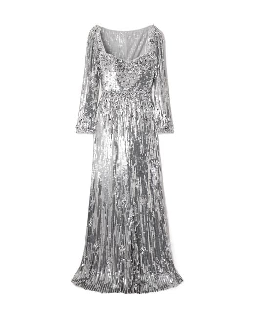 Jenny Packham Gray Long Sleeve Sequin Evening Gown